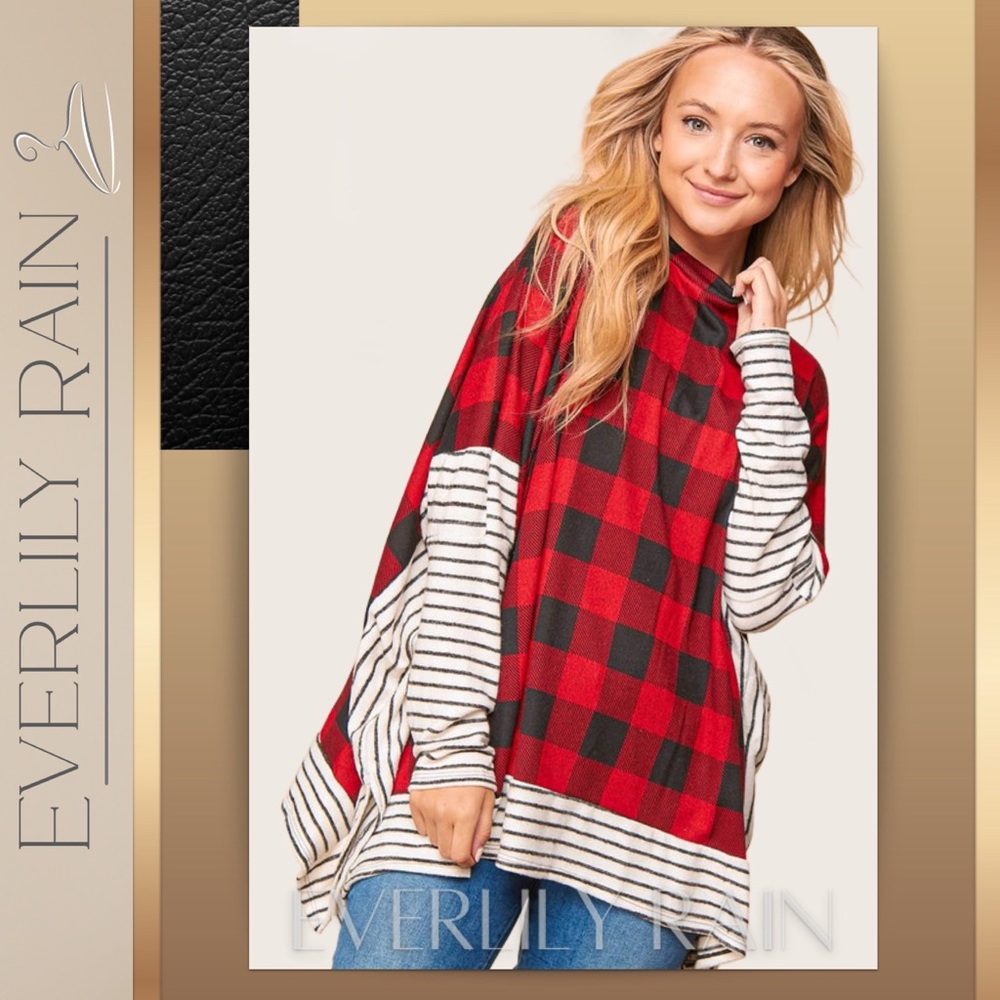 Plaid & Striped Poncho Style Sweater - Picture 2 of 12